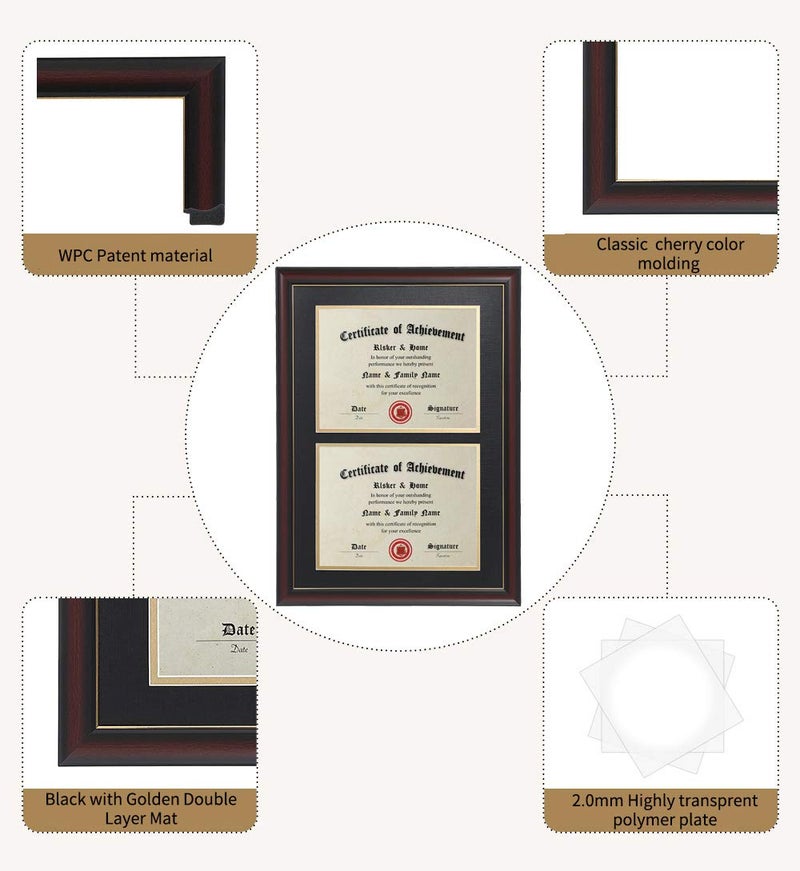 ELSKER&HOME Double Diploma Frames 14x20 for Two 8.5x11 Diplomas, Certificates,Degrees, Documents, Cherry Color Golden Rim for Dual Diploma/Certificate/Document Frame for Two 8.5x11 Inch with Mat - Image 4